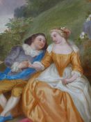 19th.C. CONTINENTAL SCHOOL. THREE OVAL SCENES OF COUPLES IN 18th.C. DRESS, OIL ON CANVAS. 26 x 21cms