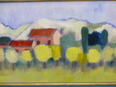 LYNNE HACKING (CONTEMPORARY). ARR. THE ALMOND ORCHARD, INSCRIBED VERSO, OIL ON BOARD, 42 x 70cms.