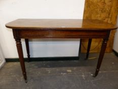 TWO REGENCY MAHOGANY SIDE TABLES, BOTH WITH ROUNDED FRONTS TO THE RECTANGULAR TOPS ABOVE APRONS, ONE