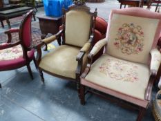 A MAHOGANY GAINSBOROUGH CHAIR WITH NEEDLEWORKED BACK AND SEAT, A MAHOGANY SHOW FRAMED HOOP BACKED