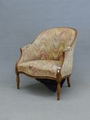 A LARGE CARVED GEORGIAN STYLE TUB FORM ARMCHAIR, TURNED TAPERED LEGS, H. 92 X W. 76 X D. 50cm