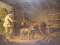 EARLY 19th.C. ENGLISH SCHOOL. CIRCLE OF GEORGE MORLAND (1763-1804). 'DONKEYS IN A STABLE' OIL ON