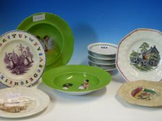 FOUR CHILDREN'S PLATES VARIOUSLY PRINTED AND DECORATED, TWO GREEN SOUP PLATES PRINTED WITH