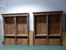 A PAIR OF FRENCH UNPOLISHED MAHOGANY BOOK CASES, EACH OPEN FRONTED WITH ADJUSTABLE SHELVES BETWEEN