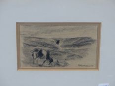 MAX LIEBERMANN (1847-1935). GOATS NIBBLING, SIGNED CHARCOAL DRAWING, GALLERY LABEL VERSO, 10.5 x