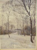 R.W.FRASER (1848-1906). A PAIR OF WINTER WOODLAND VIEWS, BOTH SIGNED, WATERCOLOURS. 37 x 26cms (2).