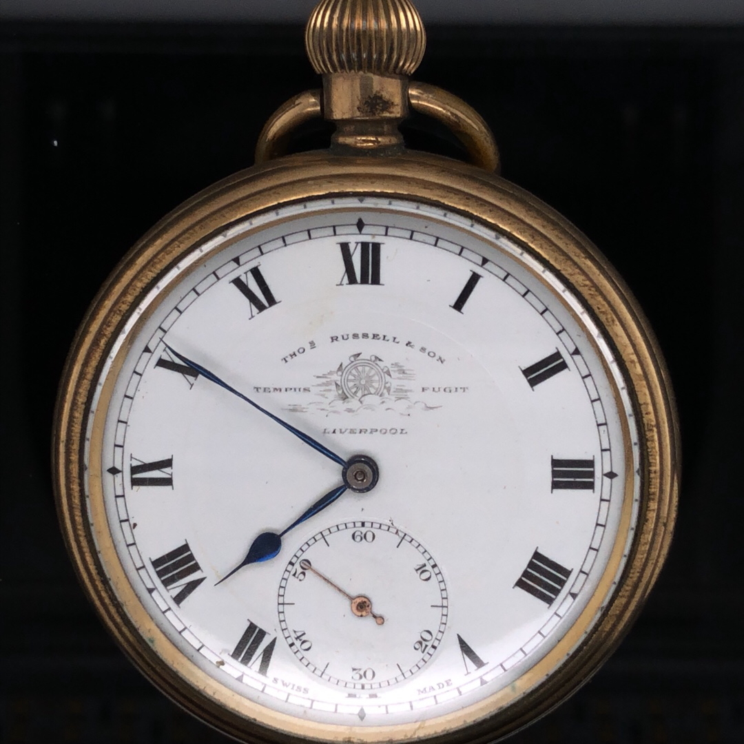 A THOMAS RUSSELL & SON, LIVERPOOL OPEN FACE GOLD PLATED ELGIN POCKET WATCH WITH SUBSIDIARY SECONDS - Image 5 of 8
