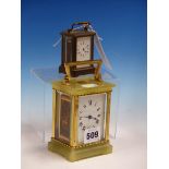 A MINIATURE CARRIAGE TIMEPIECE. H 7.5cms. TOGETHER WITH A GLAZED ONYX AND BRASS CARRIAGE