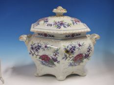 A RIDGWAY STONE CHINA TWO HANDLED HEXAGONAL SOUP TUREEN AND COVER DECORATED WITH FLOWERS TOGETHER