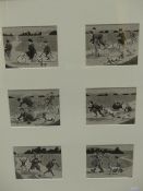 19th/20th.C. ENGLISH SCHOOL. SIX COMIC EARLY CYCLING SCENES, PEN AND INK DRAWINGS, FRAMED AS ONE.