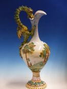 A 19th C. ITALIAN MAIOLICA BALUSTER EWER PAINTED WITH YACHTS SAILING ON A LAKE, FIGURES ON THE