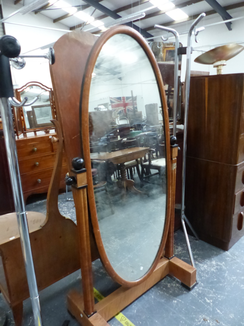A CONTINENTAL ART DECO SATIN WALNUT CHEVAL MIRROR, WITH EBONISED DETAIL, OVAL PLATE, H. 174 X W. - Image 7 of 7