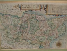 AFTER JOHANNES NORDON. AN ANTIQUE HAND COLOURED MAP OF KENT AND SURROUNDINGS, 29 x 39cms. TOGETHER