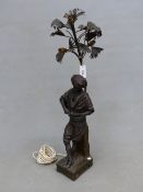 A SPELTER FIGURAL LAMP, THE TURBAN WEARING NORTH AFRICAN MAN FILLING HIS PIPE BELOW A PALM TREE