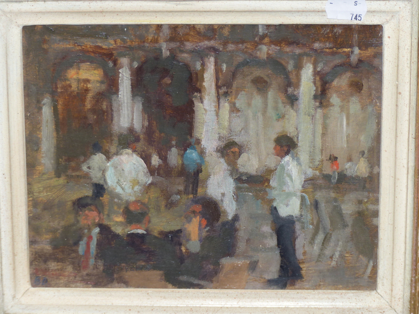 BERNARD DUNSTAN (1920-2017). ARR. WAITERS AT FLORIANS, INITIALLED OIL ON BOARD, INSCRIBED VERSO WITH