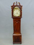 A 19th C. MAHOGANY LONG CASED CLOCK, THE DIAL PAINTED IN THE ARCH WITH A MAN HOLDING A SICKLE,