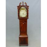 A 19th C. MAHOGANY LONG CASED CLOCK, THE DIAL PAINTED IN THE ARCH WITH A MAN HOLDING A SICKLE,