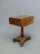 A VICTORIAN MAHOGANY ROUNDED RECTANGULAR FLAP TOP WORK TABLE WITH TWO DRAWERS AT ONE END ABOVE THE