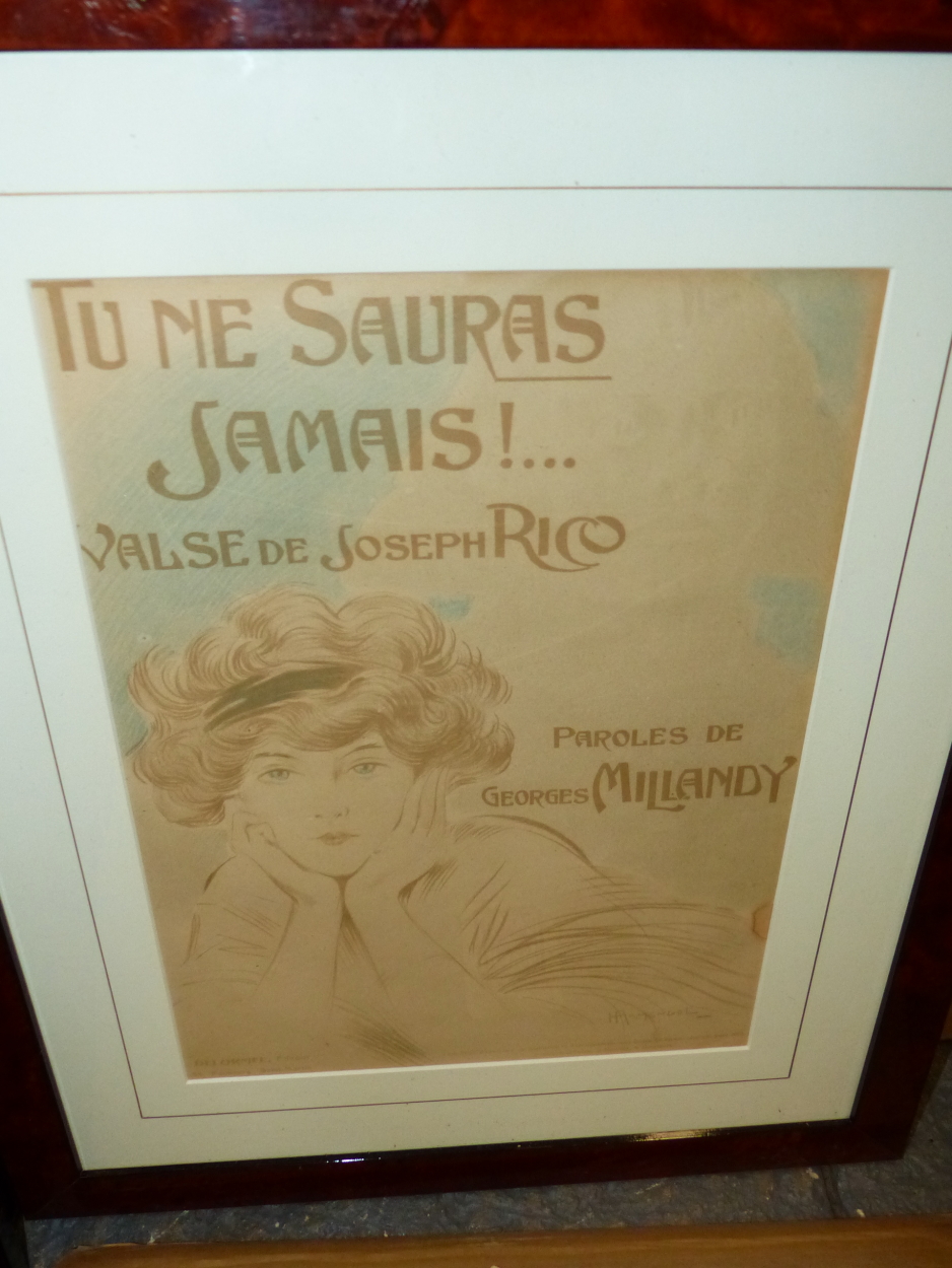 A GROUP OF TEN VINTAGE SHEET MUSIC COVERS AND FRENCH EARLY 20th.C RISQUE PRINTS, 31 x 24cms, IN - Image 10 of 12