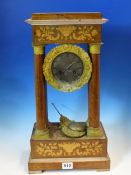 A 19th C. MARQUETRIED ROSEWOOD PORTICO CLOCK, THE TWO TRAIN PENDULUM MOVEMENT COUNTWHEEL STRIKING ON