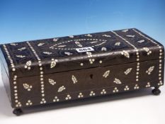 AN INDIAN EBONY BOX INLAID WITH BUDS AND STIPPLED LINES, THE INTERIOR LINED WITH PURPLE VELVET. W