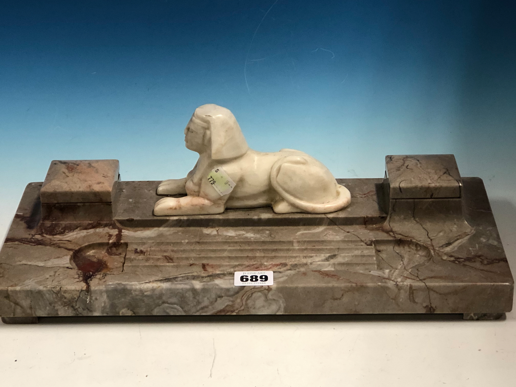 A MOTTLED PINK/GREY MARBLE INKSTAND MOUNTED WITH CENTRAL WHITE MARBLE SPHINX FLANKED BY HINGED - Image 3 of 7