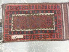 THREE BELOUCH TRIBAL BAGS, TOGETHER WITH A TAPESTRY SEAT PANEL AND TWO MATS (6)