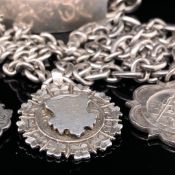 A SOLID SILVER ID BAR CURB BRACELET, TWO ANTIQUE FOBS , ST CHRISTOPHER PENDANT, AND TWO FURTHER