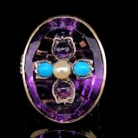 AN ANTIQUE 18ct YELLOW GOLD DIAMOND AMETHYST , TURQUOISE AND PEARL SET RING. THE PRINCIPLE OVAL