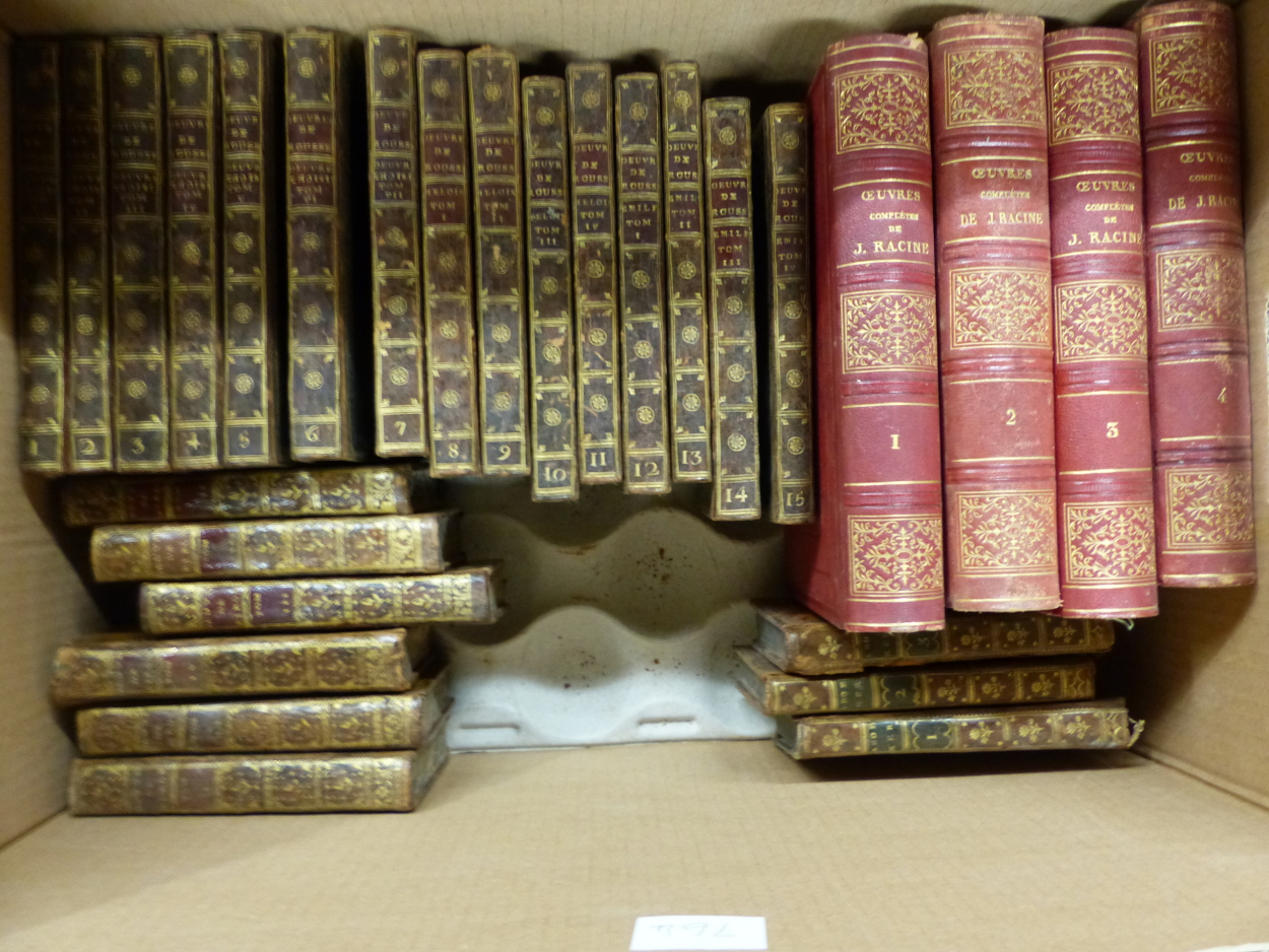 A QUANTITY OF VOLUMES IN FRENCH, MAINLY LEATHER BOUND, TO INCLUDE WORKS BY RACINE, ROUSSEAU,