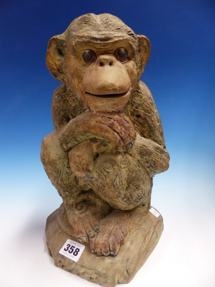 A STUDIO POTTERY FIGURE OF A SEATED MONKEY, THE OATMEAL CLAY TINTED IN COLOURS, INDISTINCTLY SIGNED. - Image 9 of 10