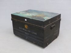 SIR WILLIAM LONGS 1890 TIN TRUNK, THE LID PAINTED WITH FRENCH SHIPS SAILING FROM HARBOUR TOWARDS A