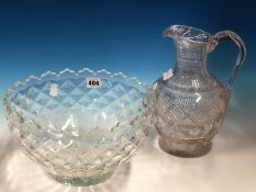 A 19th C. CUT GLASS BALUSTER JUG. H 26cms. TOGETHER WITH A MONTEITH PUNCH BOWL, THE EXTERIOR CUT