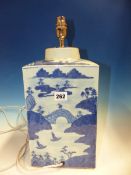 A CHINESE BLUE AND WHITE SQUARE SECTIONED JAR MOUNTED AS A LAMP AND PAINTED WITH ISLAND SCENES. H