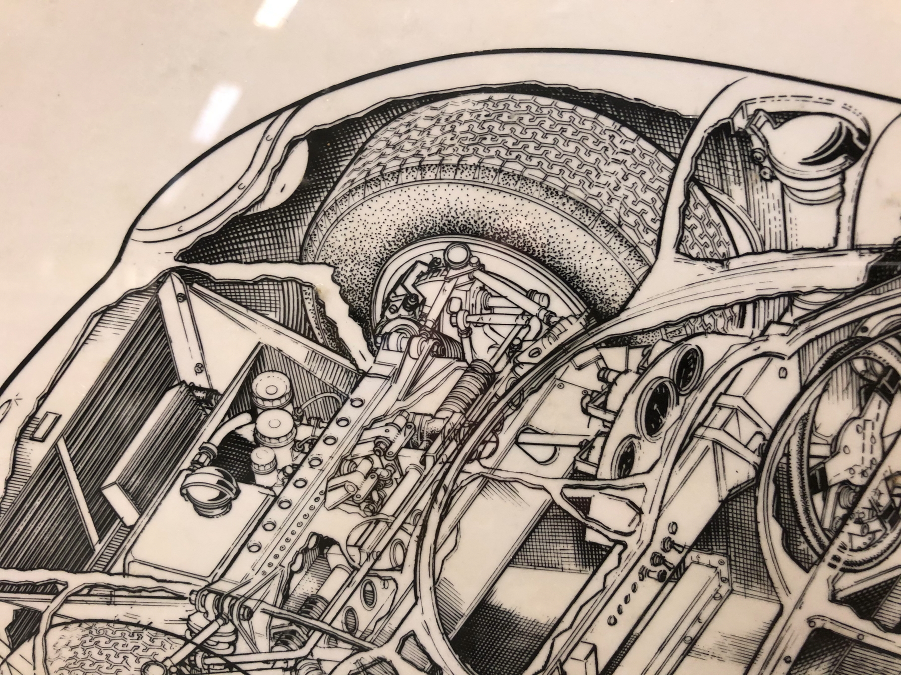 JAMES ALLINGTON, TWO INK CUTAWAY DRAWINGS OF CARS, THE LARGER OF A LOLA, BOTH SIGNED. 53 x 78cms. - Image 5 of 14