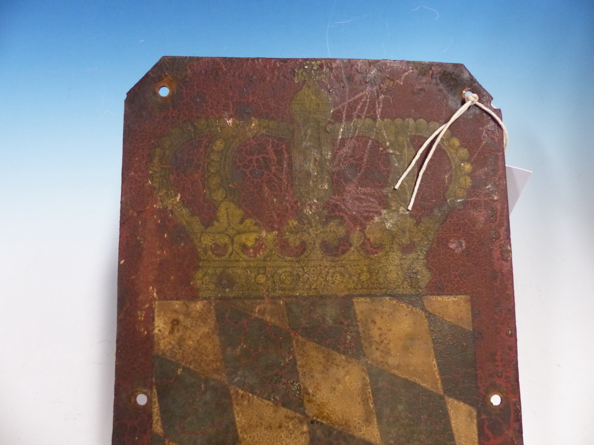 A ROYAL BAVARIAN RAILWAYS CARRIAGE PLATE PAINTED WITH THE CROWNED STATE ARMORIAL ON A RED GROUND - Image 3 of 6