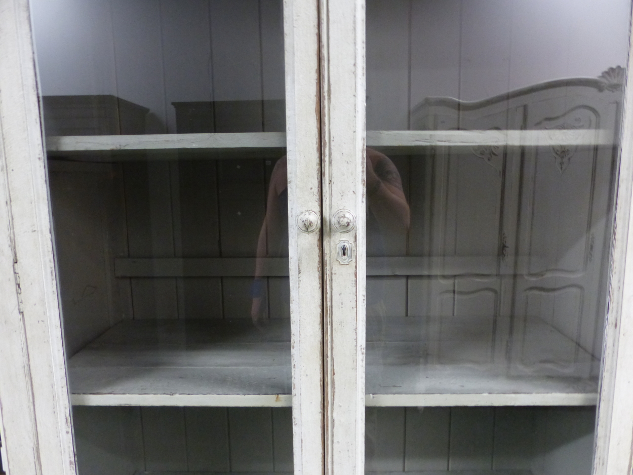 A 19th C. FRENCH GREY PAINTED DISPLAY CABINET, THE GLAZED DOORS ABOVE BLOCK FEET. W 117 x D 50 x H - Image 5 of 10