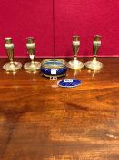 TWO PAIRS OF FRENCH BRASS CANDLESTICKS, THE TALLER PAIR. H 14cms. TOGETHER WITH A ROYAL BLUE