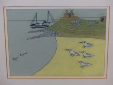 BRYAN PEARCE (1929-2007) ARR. ALONG THE SHORE, SIGNED PEN AND INK WITH WATERCOLOUR, 24 x 32cms.