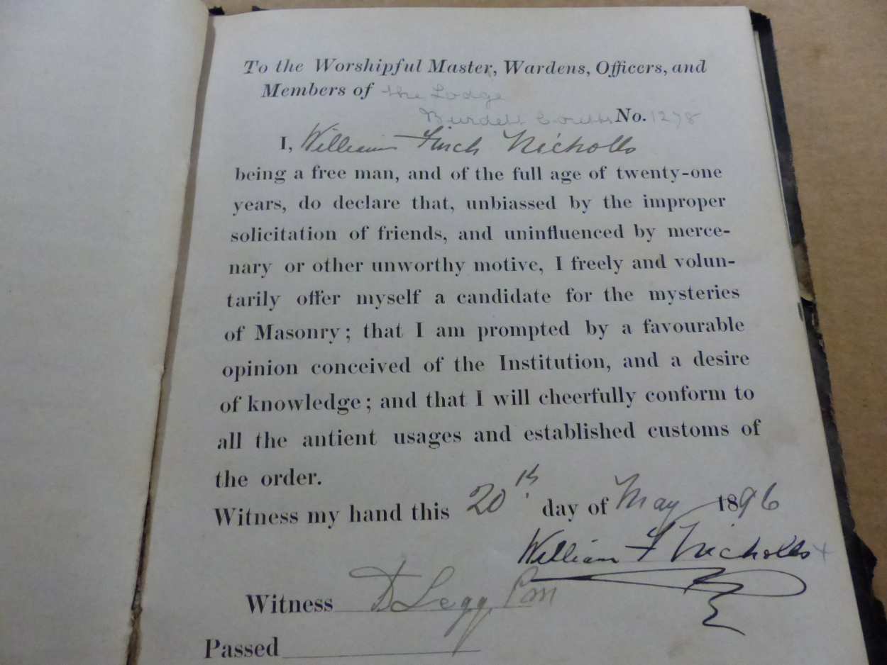 BURDETT COUTTS LODGE OF FREEMASONRY, A VOLUME FROM 1889-98 WITH INK SIGNATURES OF MEMBERS JOINING - Image 3 of 4