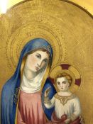 19th.C. ITALIAN SCHOOL. AFTER THE OLD MASTERS, MADONNA AND CHILD IN A SHAPED MOUNT, GOUACHE AND GOLD