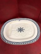 A MINTON BLUE AND WHITE PUGIN GOTHIC DESIGN MEAT PLATTER WITH GRAVY WELL, STAMPED MARKS BB NEW