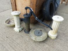 A GARDEN SUNDIAL, A BIRD BATH AND AN IRON PUMP, PITCH FORK AND HAY KNIFE.