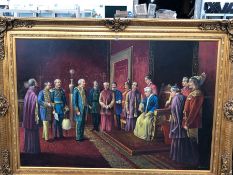 A LARGE DECORATIVE PAINTING, A MEETING OF DIGNITARIES IN SWEPT GILT FRAME. 160 x 217cms.