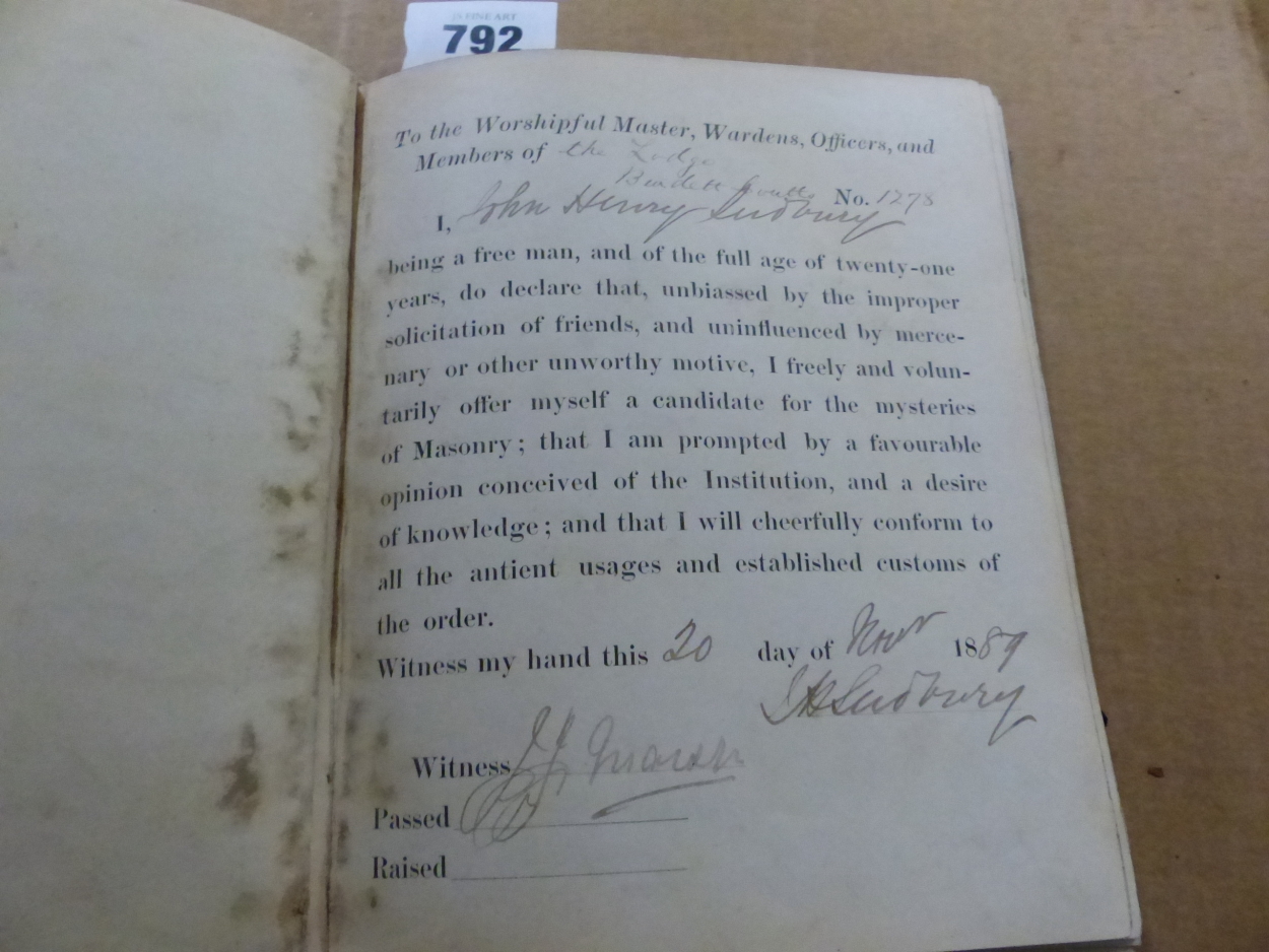 BURDETT COUTTS LODGE OF FREEMASONRY, A VOLUME FROM 1889-98 WITH INK SIGNATURES OF MEMBERS JOINING