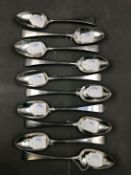 TEN GEORGIAN SILVER DESSERT SPOONS, DATED 1790, 1791, 1792,1793,1796, 1797, 1798, AND 1799.