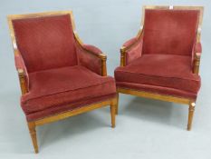 A PAIR OF CARVED FRUITWOOD ANTIQUE FRENCH NEO-CLASSICAL STYLE ARMCHAIRS, TURNED LEGS, H. 90 X W.