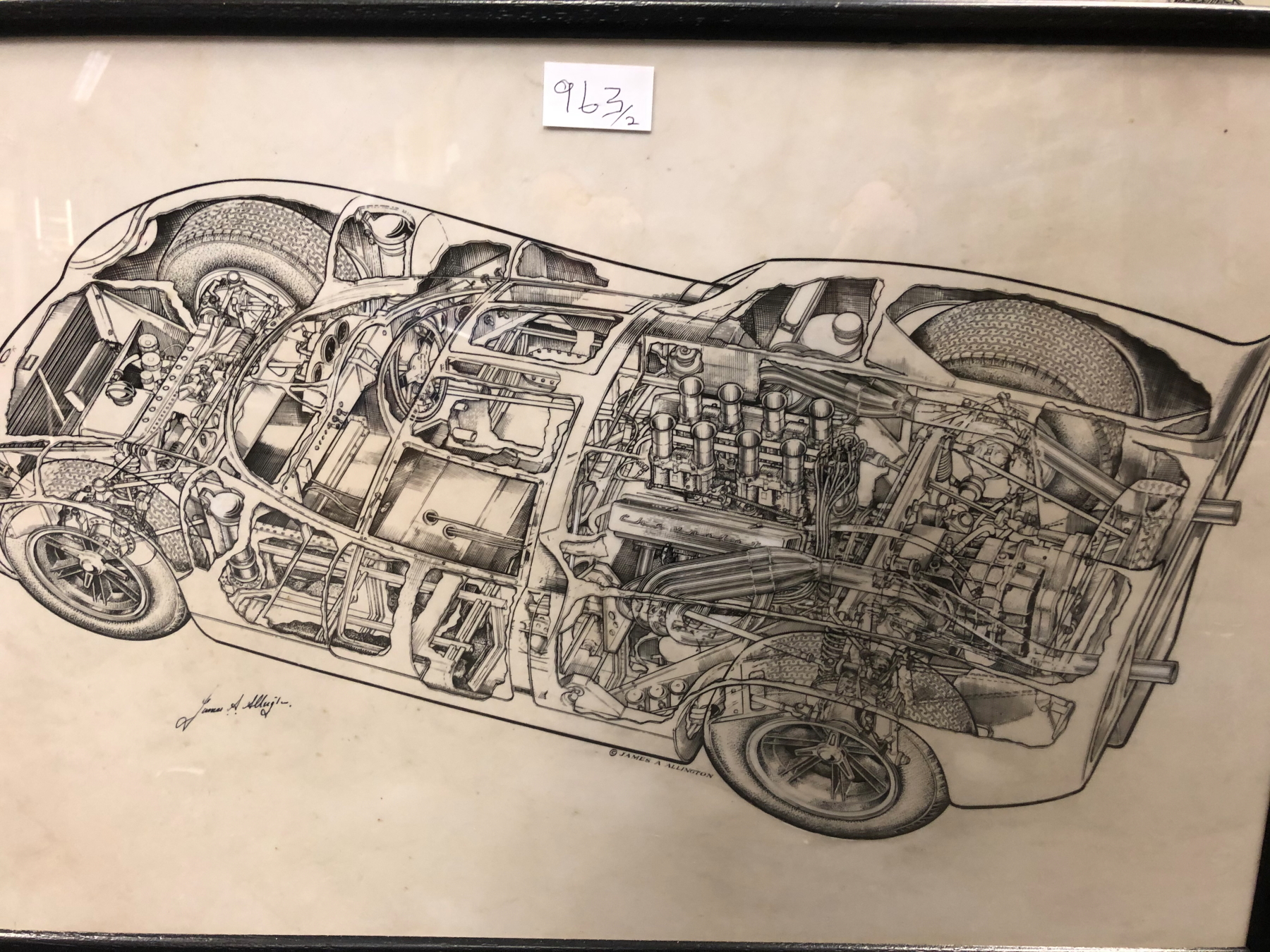 JAMES ALLINGTON, TWO INK CUTAWAY DRAWINGS OF CARS, THE LARGER OF A LOLA, BOTH SIGNED. 53 x 78cms.