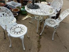 AN ALLOY PATIO TABLE, FOUR CHAIRS AND PARASOL BASE, TOGETHER WITH A PLANT STAND, A GARDEN OBELISK