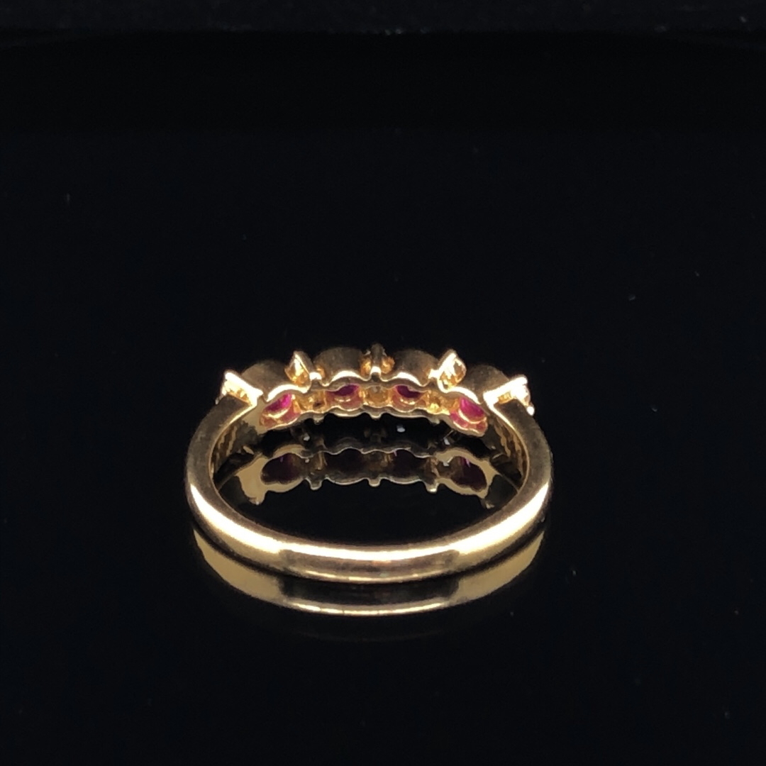 AN 18ct YELLOW GOLD FOUR STONE RUBY AND TEN STONE DIAMOND HALF ETERNITY RING, FINGER SIZE P. - Image 2 of 4